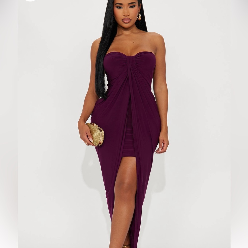 A10 Fashion Nova Plum Draped High-Slit Evening Dress
